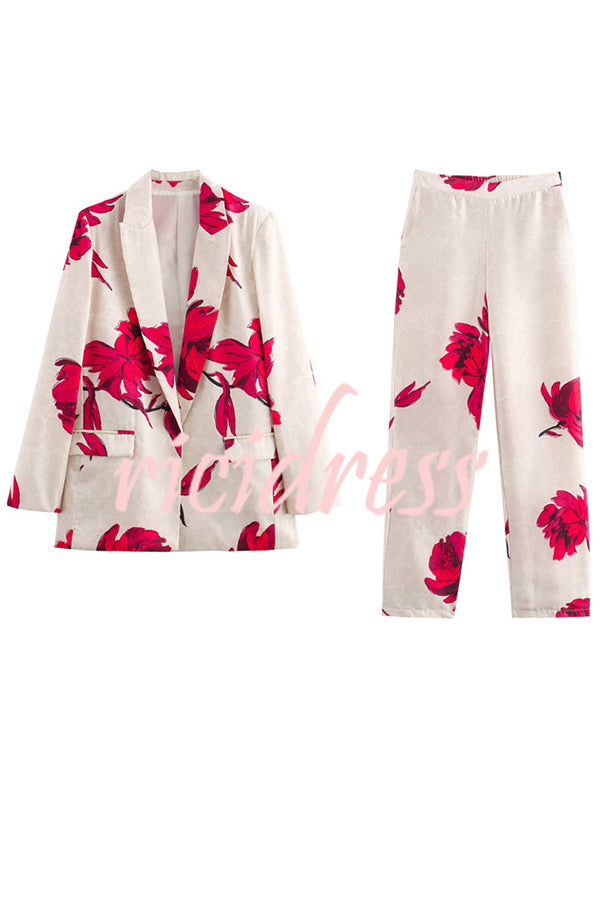 Special Attendance Satin Floral Print Long Sleeve Lapel Loose Blazer