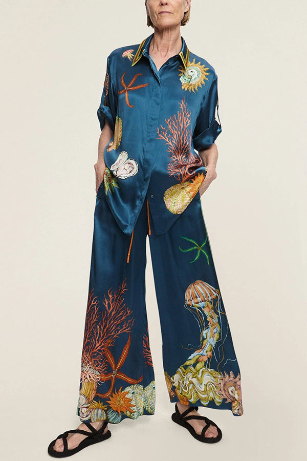Linen Blend Unique Print Lapel Short Sleeve Shirt and Elastic Waist Loose Pocket Wide Leg Pants Set