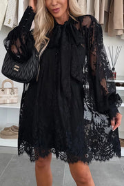 Night Rose Lace Bow Neck Long Balloon Sleeve A-line Mini Dress