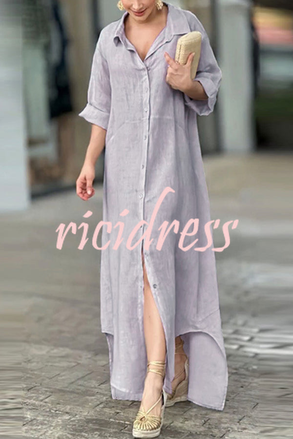 Linen Blend Solid Long Sleeve Buttoned Loose Shirt Style Maxi Dress