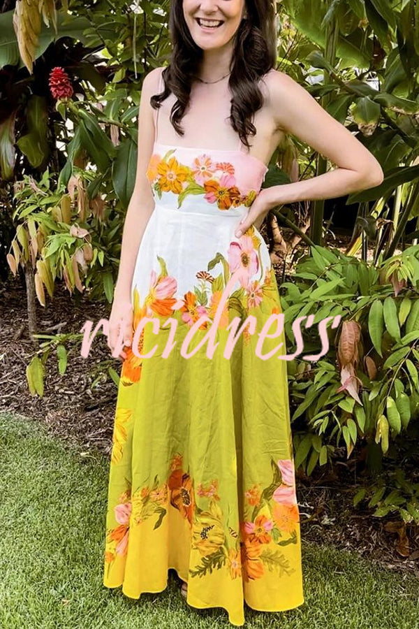 Malakai Linen Blend Contrast Floral Print back smocked Pocket Maxi Dress