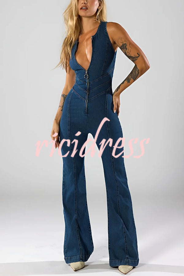 Fashionable Heart Hollow Back Slim High Waist Flared Denim Jumpsuit