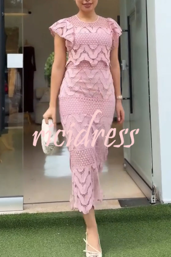 Elouise Wave Dot Embroidery Lace Back Tie-up Top and Elastic Waist Maxi Skirt Set