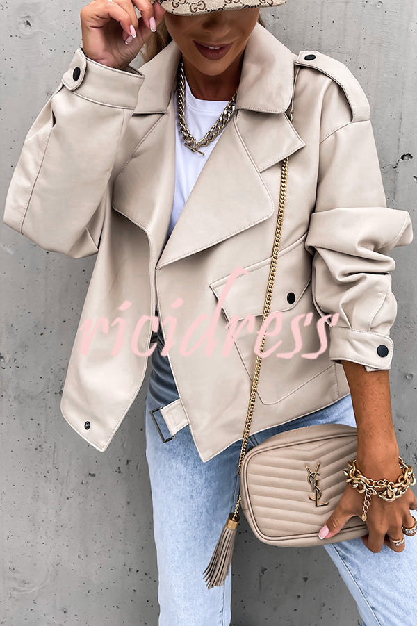 Stylish Leather Lapel Pocket British Style Cropped Jacket