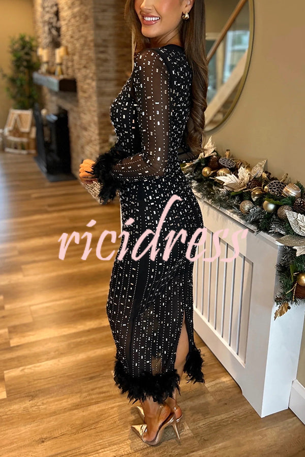 Sexy Long Sleeve Round Neck Feather Edge Rhinestone Decoration Slim Fit Maxi Dress