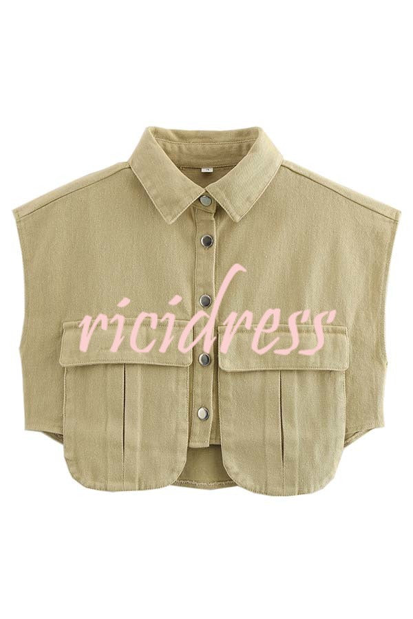Stylish Weekend Denim Button Up Cape Sleeve Pocket Crop Top