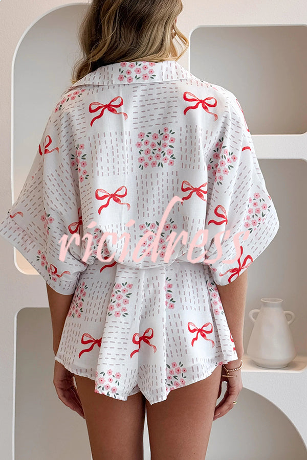 Sweet Bow Print Lapel Half Sleeve Tie Waist Loose Rompers