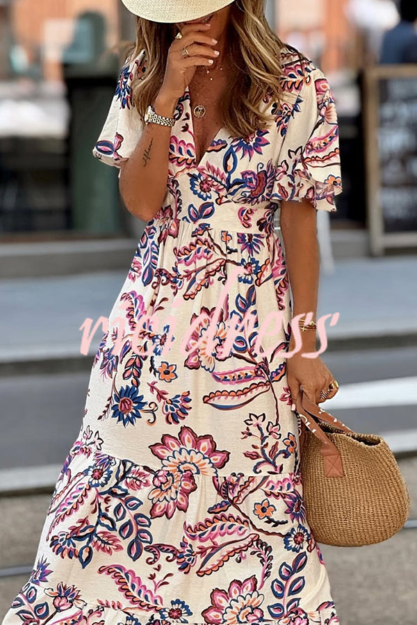 Unique Print V-Neck Waist Holiday Maxi Dress