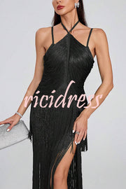 Sexy Halterneck Open Back Elegant Tassel Slim Maxi Dress