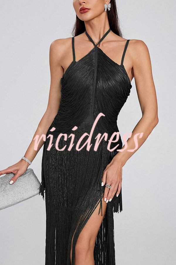Sexy Halterneck Open Back Elegant Tassel Slim Maxi Dress