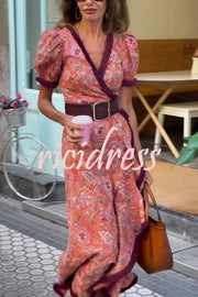 Bohemian Floral Print Elegant Puff Sleeve Holiday Maxi Dress