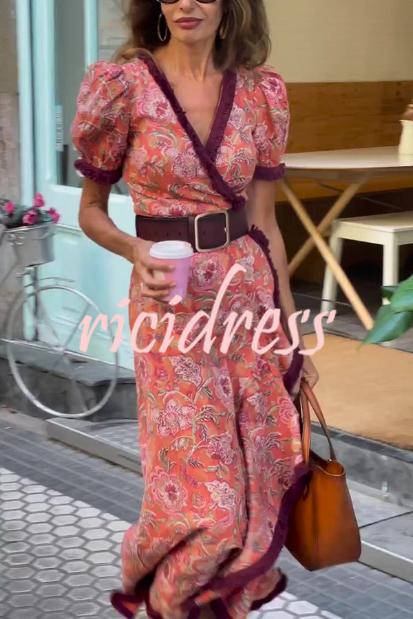 Bohemian Floral Print Elegant Puff Sleeve Holiday Maxi Dress