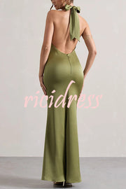 Solid Color Halter Neck Tie Sexy Backless Slim Maxi Dress