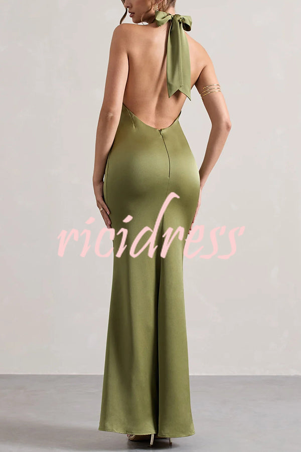 Solid Color Halter Neck Tie Sexy Backless Slim Maxi Dress