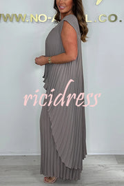 Laney Pleated Short Sleeve Irregular Midi Top and Elastic Waist Wide Leg Pants Set