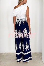 Unique Ethnic Print Belted Casual Pocket Wide Leg Pants