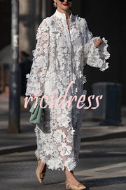 Solid Color Hollow Embroidery Loose Long Sleeve Midi Dress