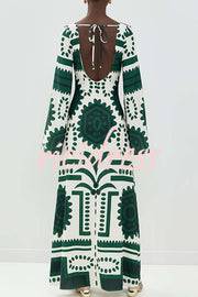 Holiday Fashion Unique Print Front Center Hollow Ring Long Sleeve Maxi Dress