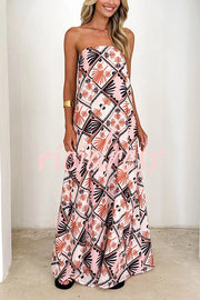 Unique Printed Sexy Strapless Backless Holiday Casual Maxi Dress