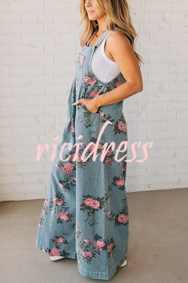Fashion Floral Print Casual Button Pocket Loose Denim Overalls