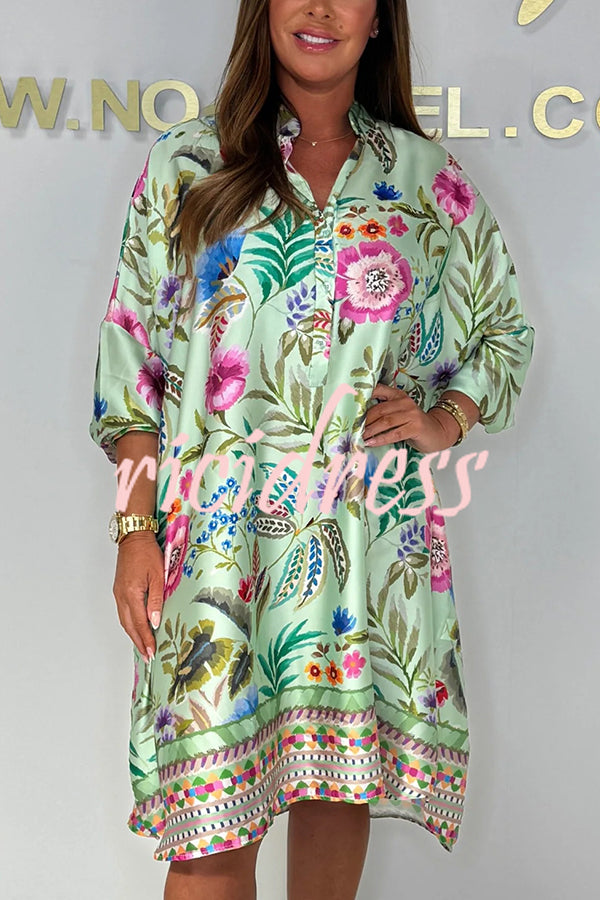 Floral Print Long Sleeve Lapel Loose Mini Dress