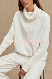 Morning Coffee Walks Ribbed Turtleneck Long Sleeve Sweatshirt and Elastic Waist Pocketed Loose Pants Set