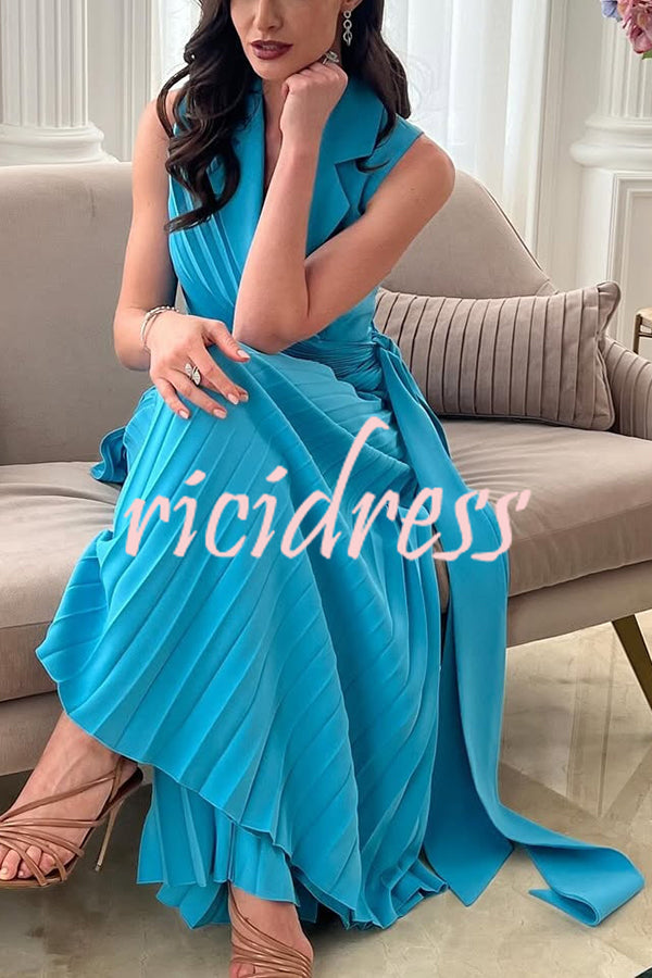 Solid Color Lapel Sleeveless Waist Tie Pleated Wide-leg Jumpsuit