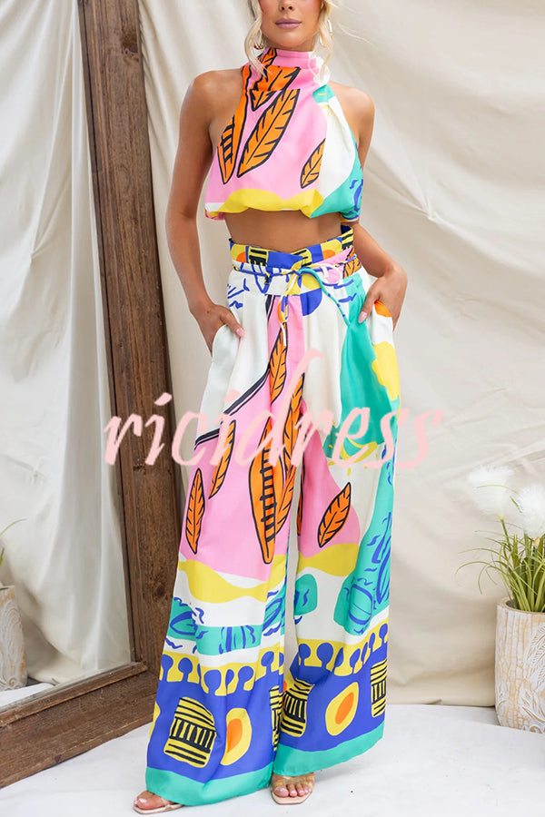 Maison Linen Blend Unique Print High Neck Top and Elastic Tie-up Waist Pocket Wide Leg Pants Set