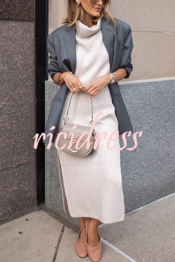 Book Club Knit Turtleneck Cap Sleeve Slit Sweater Midi Dress