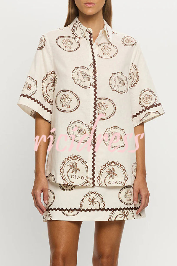 Resort Style Print Lapel Short Sleeve Shirt and Casual Mini Skirt Set
