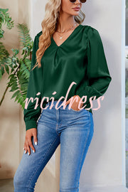 Satin Pleated V-neck Long-sleeved Loose Shirt