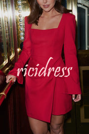 Social Season Square Neck Long Slit Neck Twist Warp Hip Mini Dress