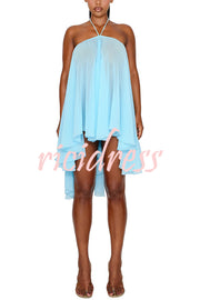 Chiffon Solid Color Halter Backless Irregular Mini Dress