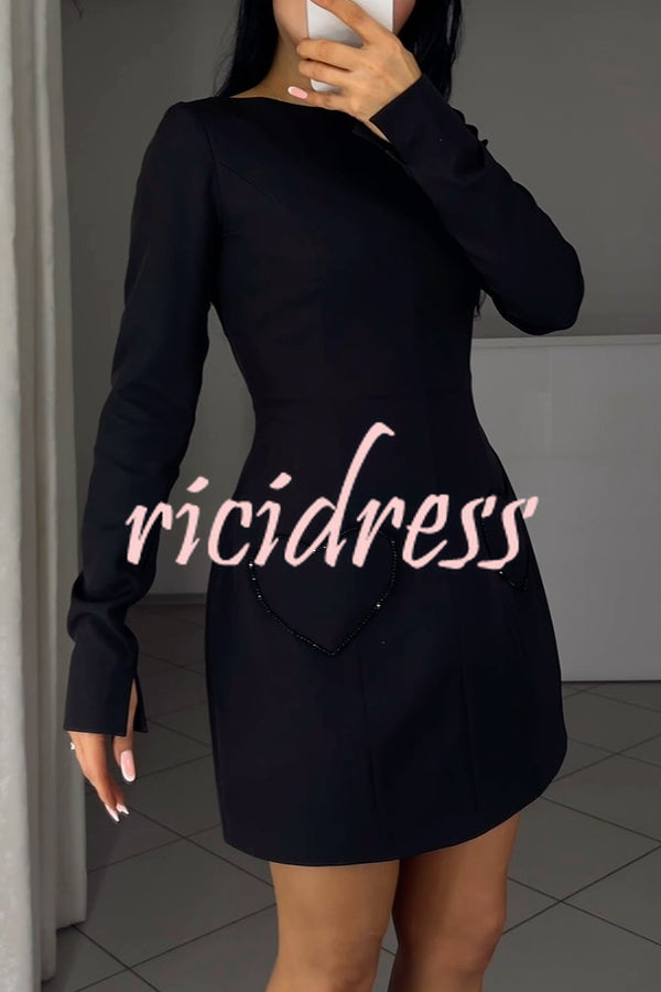 Anna Sparkling Gemstone Trim Heart Pocket Long Sleeve Mini Dress