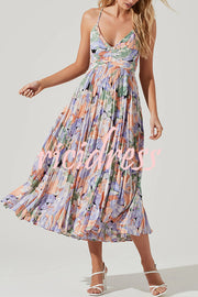 Wedding Party Season Floral Print Pleated Back Tie-up Midi Dress