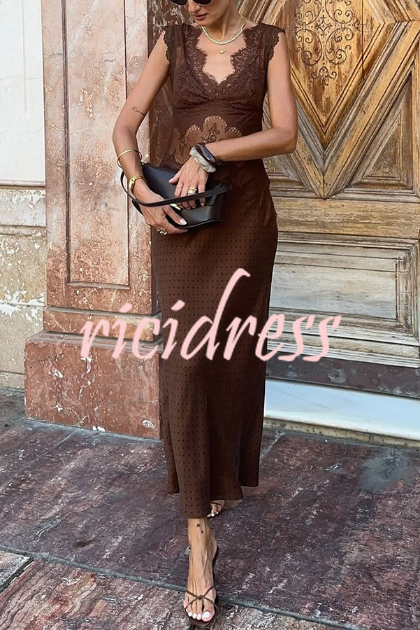 Wonderful Fusion Satin Lace Trim Poka Dot V-neck Drape Maxi Dress