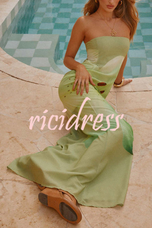 Smooth and Elegant Satin Unique Floral Print Off Shoulder Maxi Dress
