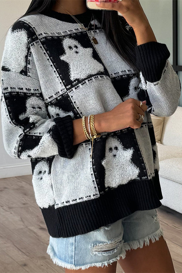 Halloween Plaid Ghost Loose Long Sleeve Knitted Sweater