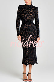 Diane Velvet Embroidered Floral Lace Long Sleeve Belt Scallop Edge Midi Dress