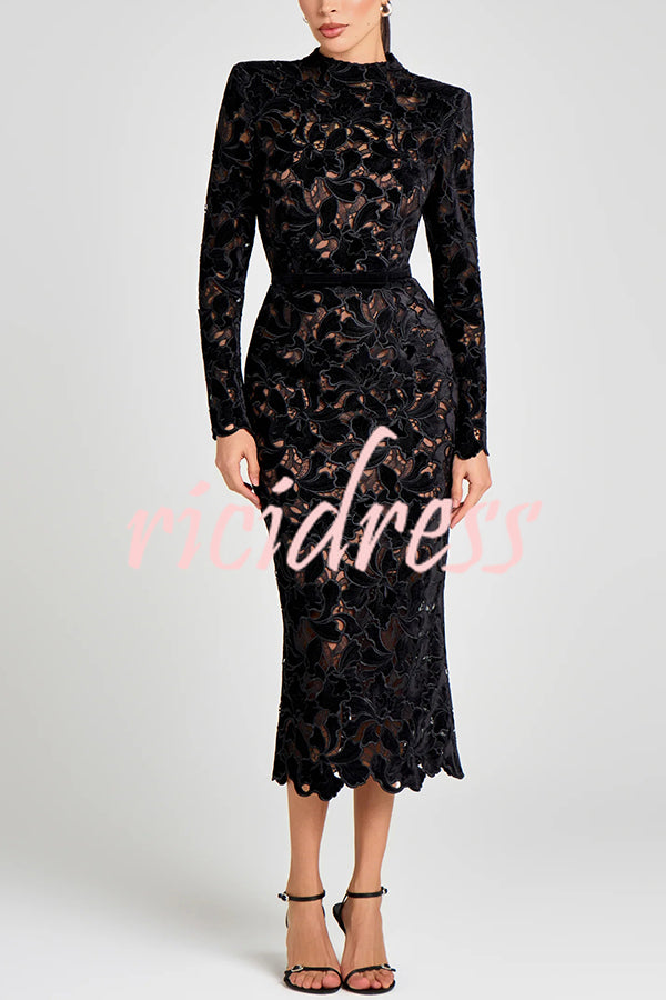 Diane Velvet Embroidered Floral Lace Long Sleeve Belt Scallop Edge Midi Dress