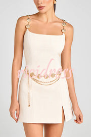 Timeless Exquisite Tweed Fabric Metal Coin Chain Detail Slip Mini Dress