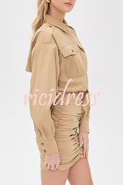 Soraya Epaulette Button Design Long Sleeve Ruched Hem Shirt Mini Dress