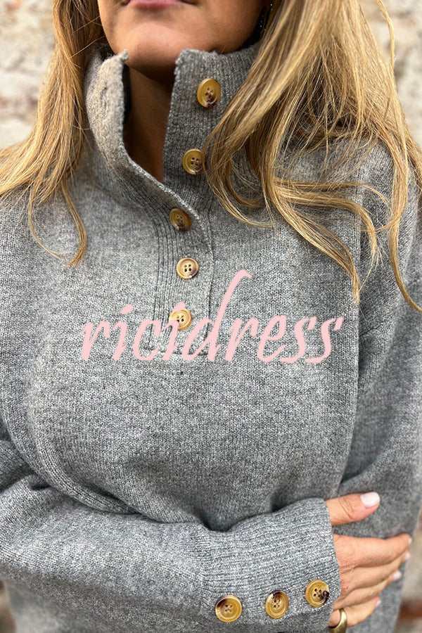 Solid Color High Collar Button Loose Long Sleeve Knitted Sweater