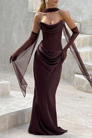 Liora Ruched Cowl Neck Sheer Mesh Waist Off Shoulder Scarf Maxi Dress