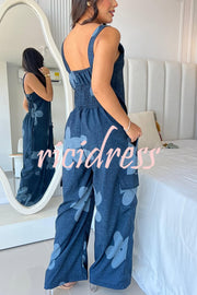 Fashion Cartoon Print Loose Round Neck Back Pleated Casual Pocket Wide Leg Jumpsuit