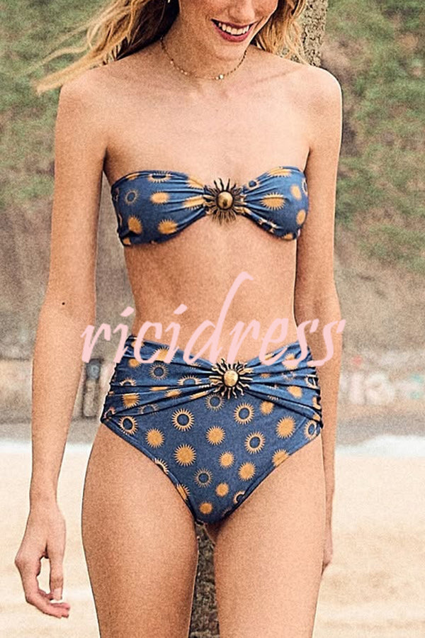 Sun Print Metal Embellishments Stretch Two-piece Bikini Swimsuit