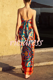 Ethnic Style Unique Print Tube Top and Elastic Waist Casual Pocket Wide Leg Pants Set