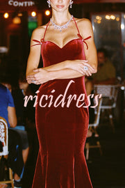 Althea Velvet Sweetheart Neck Bow Strap Fishtail Hem Stretch Midi Dress