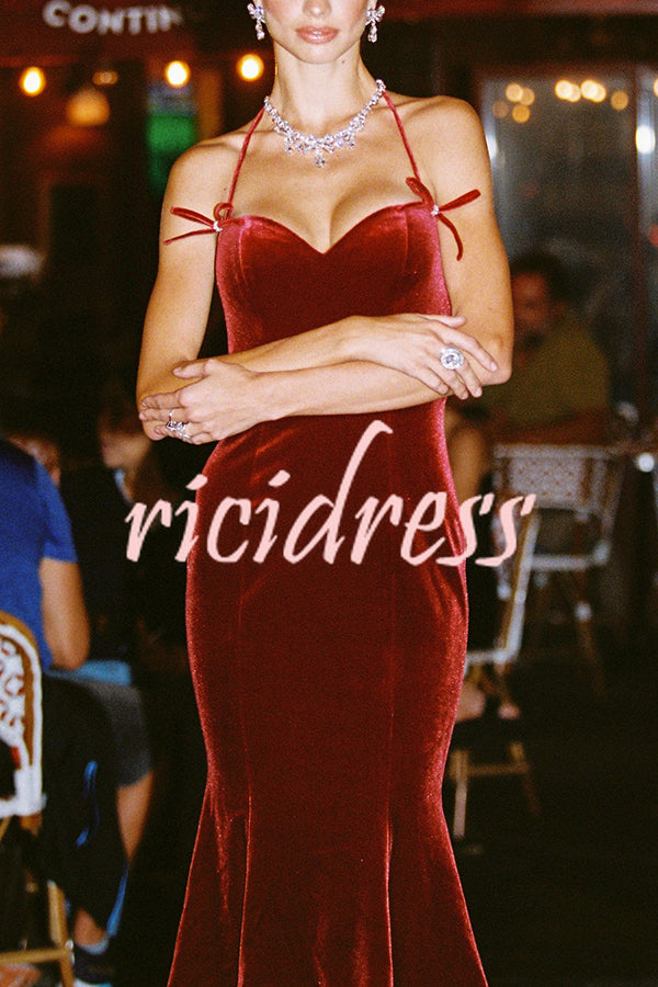 Althea Velvet Sweetheart Neck Bow Strap Fishtail Hem Stretch Midi Dress