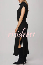 Solid Color Sleeveless Knitted Elegant Waist Midi Dress